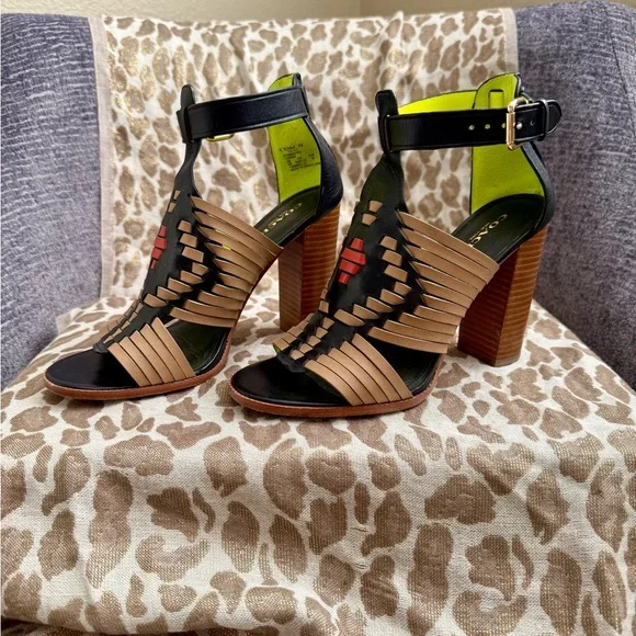 Coach Lorrie Black and Tan Woven Block Heels - Picture 2 of 7